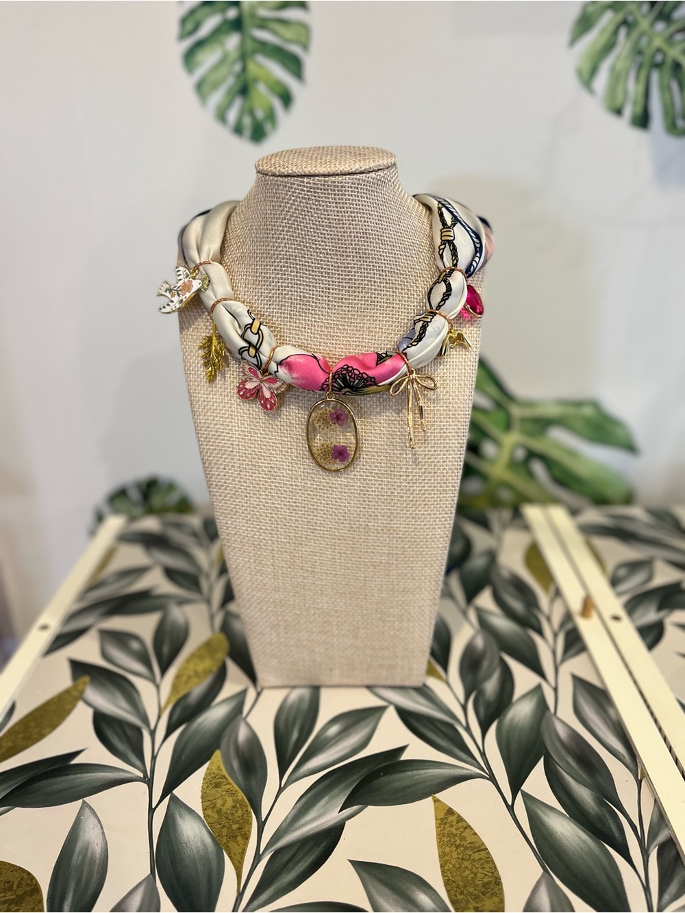 Handcrafted Pink and White Floral Charm Necklace